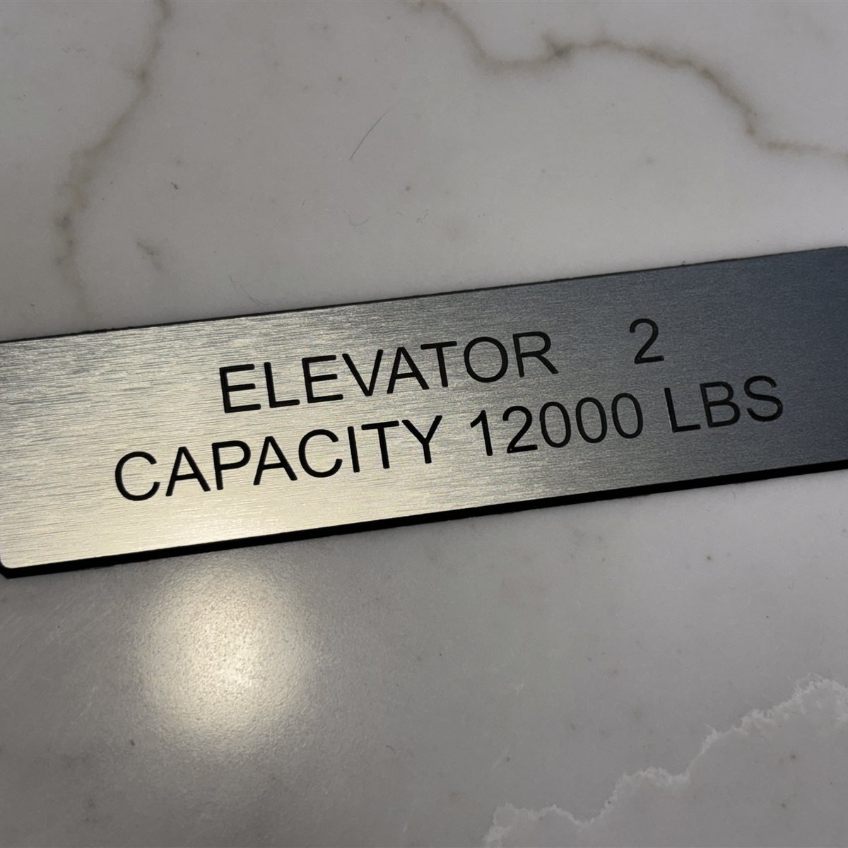 Brushed stainless-look capacity plate engraved Elevator 2 Capacity 12000 LBS in black characters